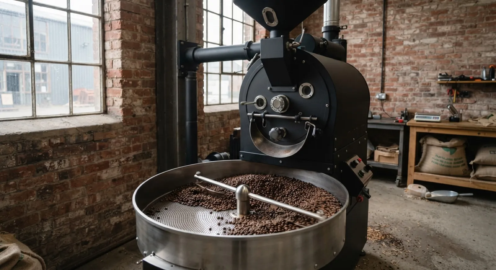 Röstmaschine mit Kühlsieb in einer Halle aus Backstein